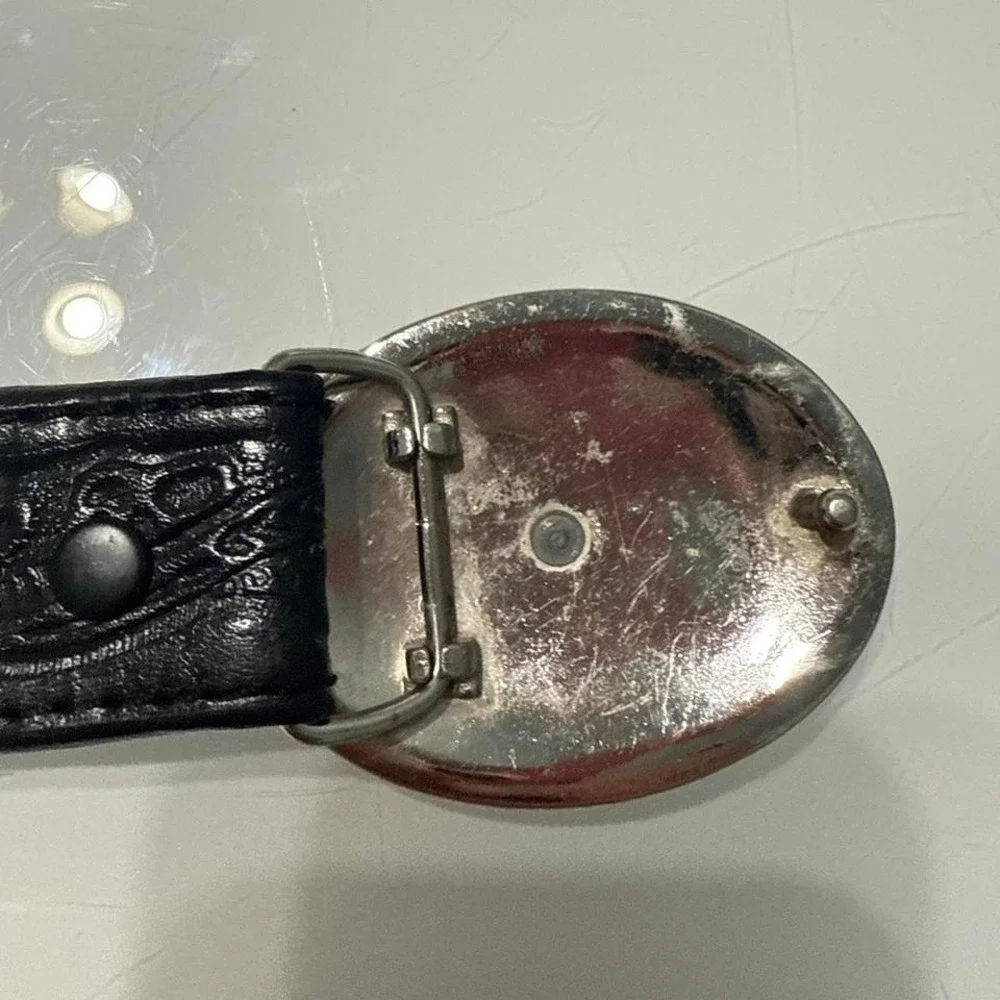 Vintage Boys Black Embossed‎ Leather Belt Western Silver Longhorn Buckle